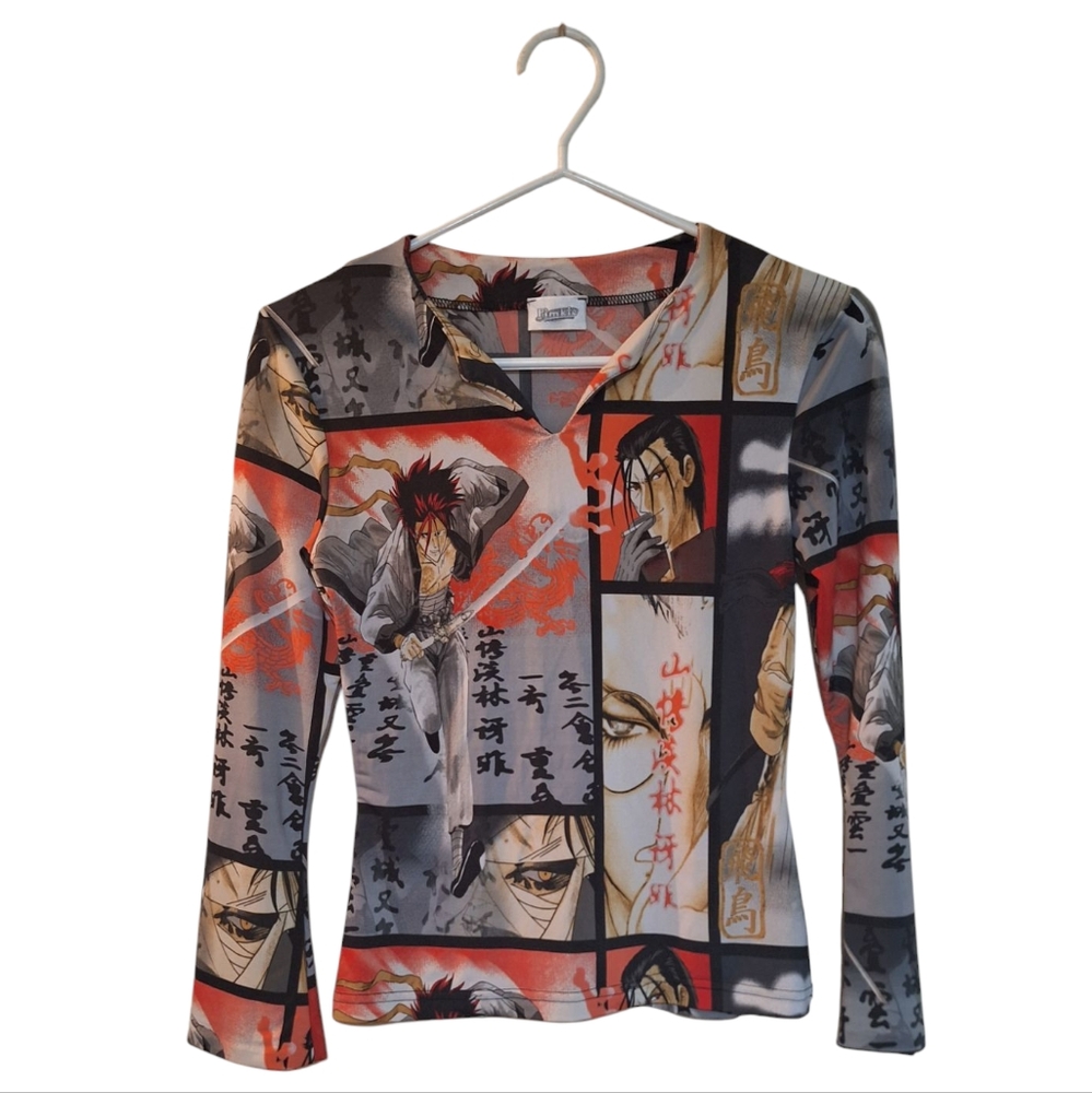 Red and Orange Graphic Fitted Blouse with Mandarin Collar